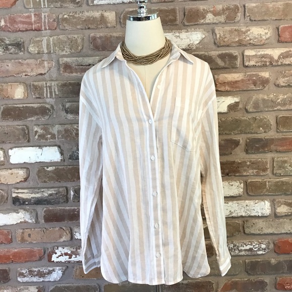 OLD NAVY Women's White & Tan Striped BOYFRIEND LINEN Button Down Shirt M - Picture 4 of 8